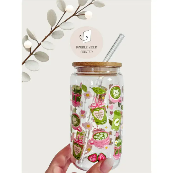 Hovedbilde DRIKKEGLASS MED LOKK OG SUGERØR – Matcha Pink – ...