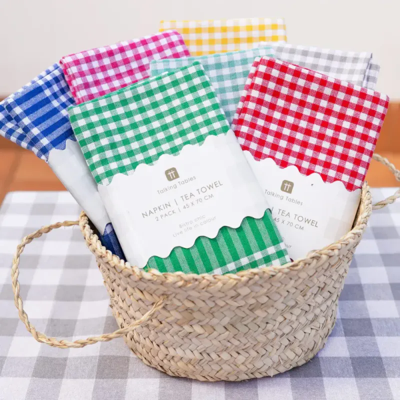 KJØKKENHÅNDKLE / STOFFSERVIETTER – Gingham grønn og hvit – 2 pk – Talking Tables